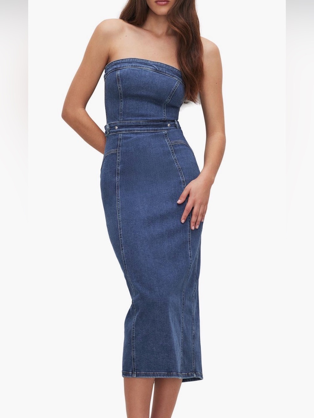 Good American Strapless Midi Denim Dress - Dark Blue